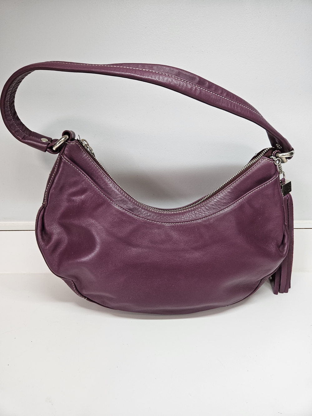 Perlina Plum Genuine Leather Crescent Half Moon Tassel Shoulder Bag